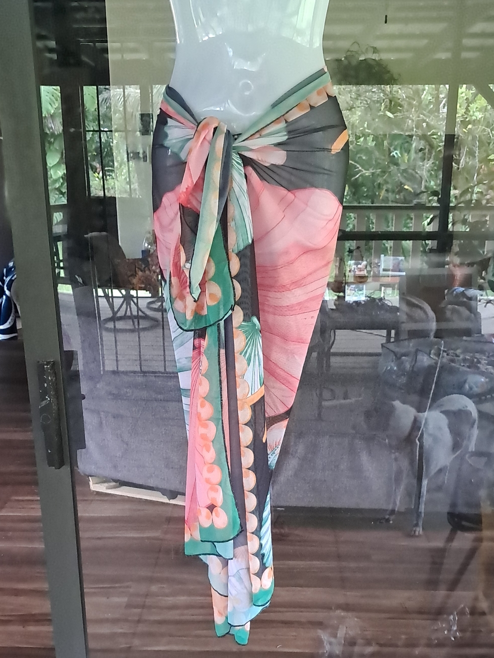 43" X 59" Floral Pink & Green Tie-Waist Sarong Skirt
